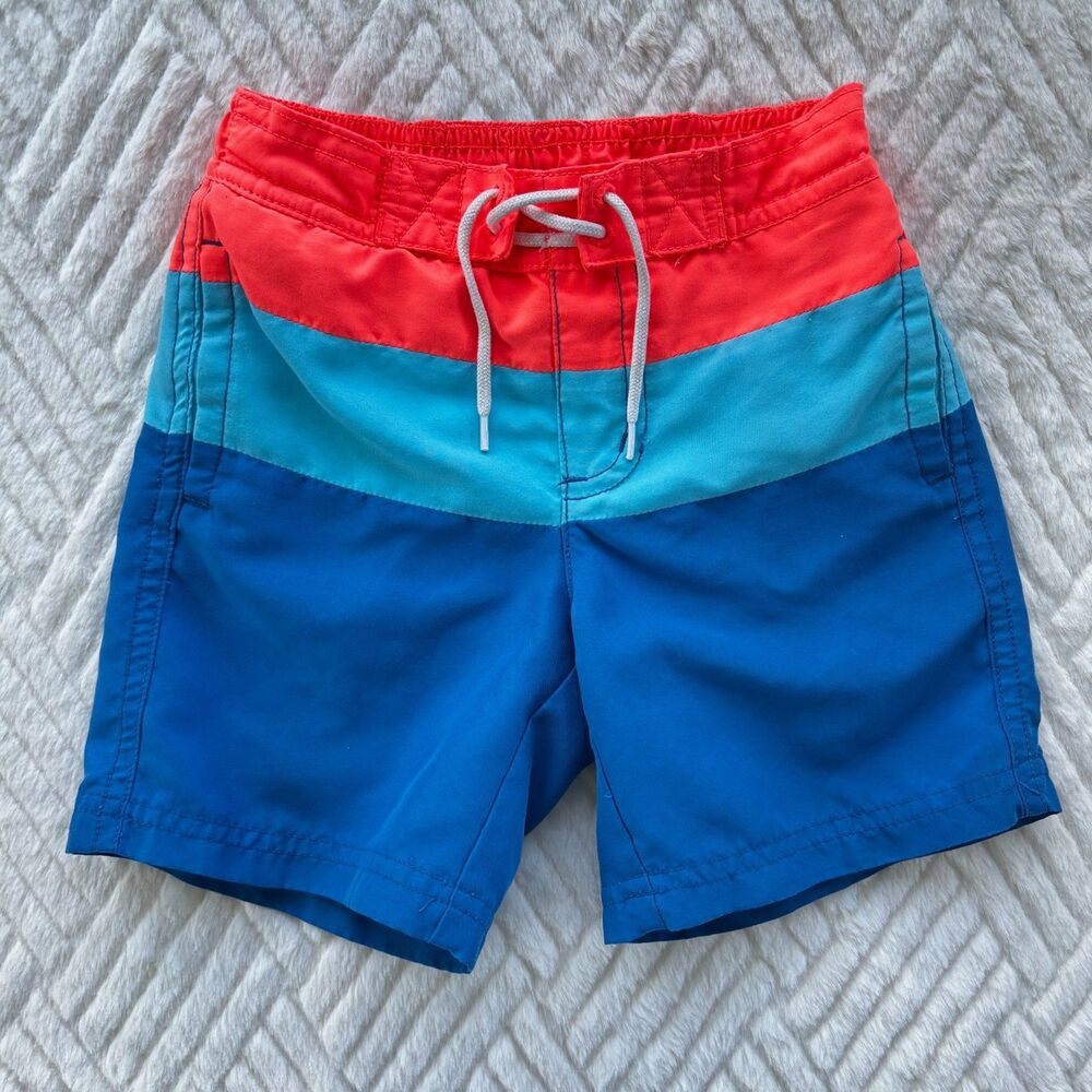 Janie and Jack Boys 2T Swim Trunks Blue Colorblock Lined Beach Shorts